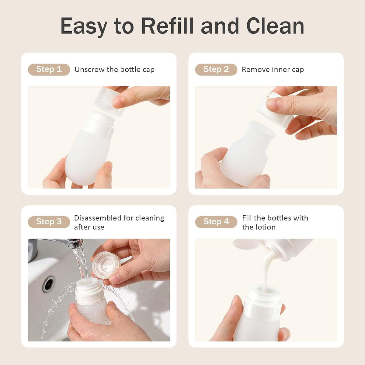 Travel Bottles for Toiletries, 2 oz Silicone Squeeze Bottles, 3 Pack, White