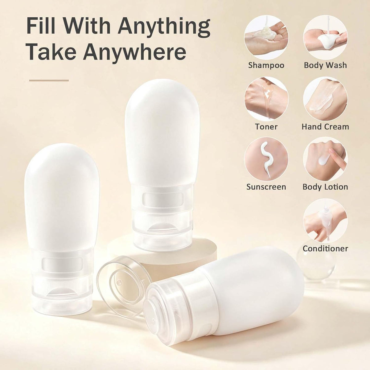 Travel Bottles for Toiletries, 2 oz Silicone Squeeze Bottles, 3 Pack, White