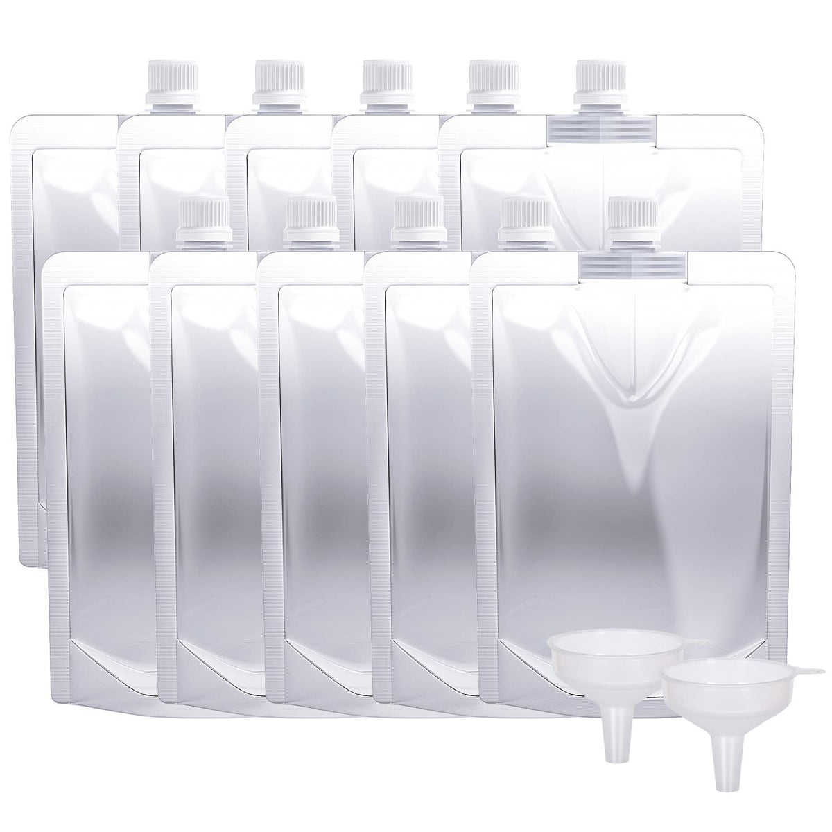 Keon Plastic Pouches - Leak-Proof, Reusable, Flexible Juice Bags, BPA-Free for Travel, Outdoor Sports, Concerts, Events (8OZ - 10PCS + 2 Funnels)