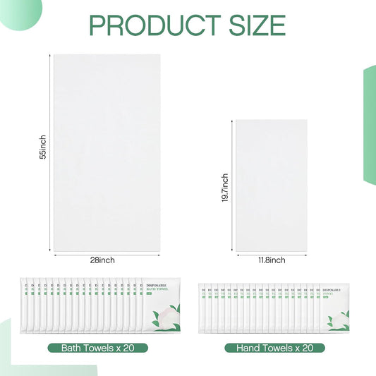 Tegeme 40 Pack Disposable Towel Set Individually Wrapped Include 20 Pack 55 x 28 Inches Bath Towels and 20 Pcs 20 x 12 Inches Hand Towels Plant Fiber Hygienic Single Use for Travel, Hotel, Spa, Hotels