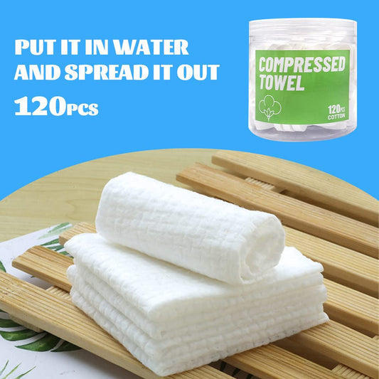 120 Pcs Compressed Towels, Disposable Face Compressed Towel, Compressed Hand Wipe, Camping Towel, Portable Compressed Coin Tissue for Travel/Home/Outdoor Activities(8X9in)
