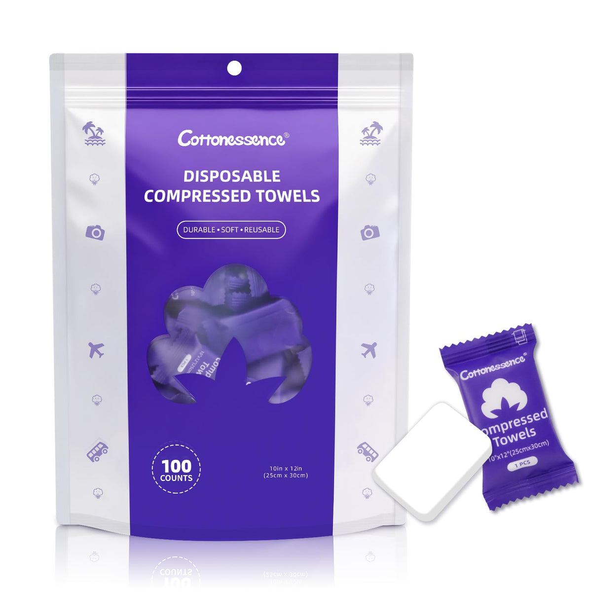 Cottonessence Premium Compressed Towels (50-Pack) - 9.4" x 11.8" Individually Wrapped Coin Tissues, Portable Towels for Travel, Hiking, Gym, Spa, Beauty Salon, Makeup, Baby Care, Outdoor Use