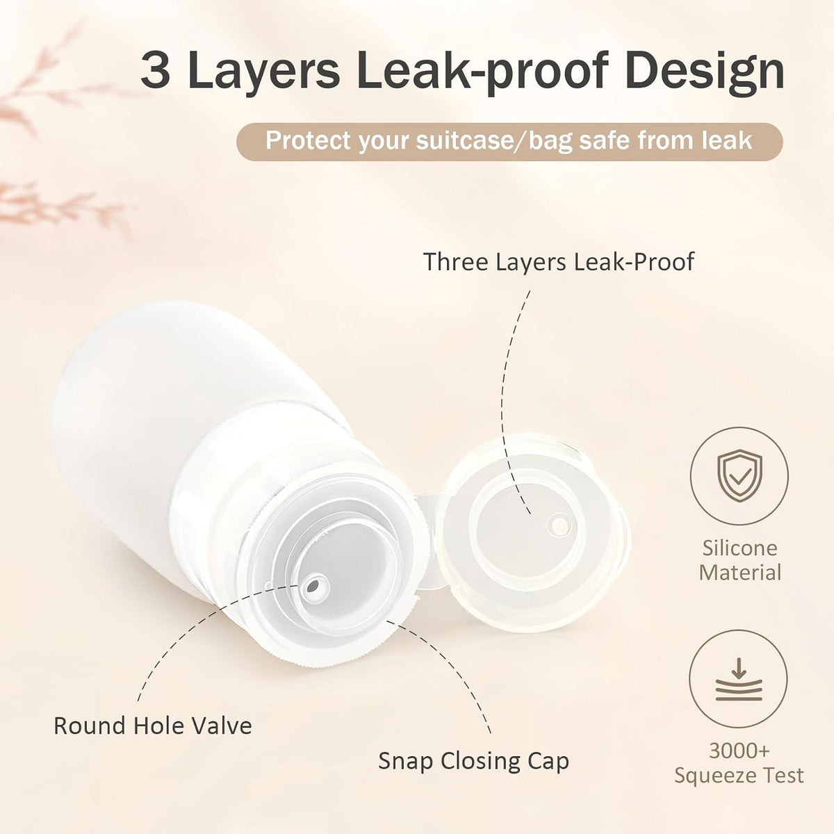 Travel Bottles for Toiletries, 2 oz Silicone Squeeze Bottles, 3 Pack, White