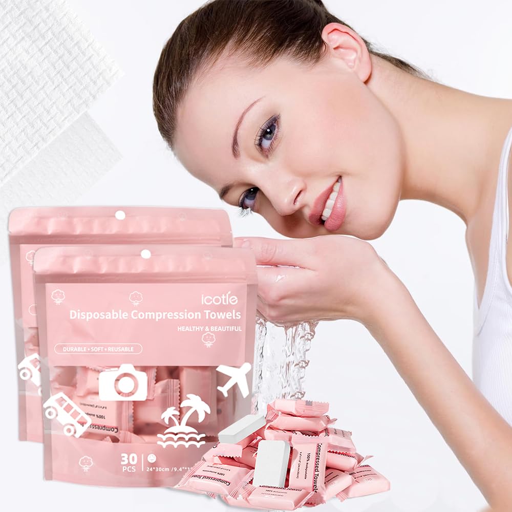 ICOTLE Compressed Towel, Disposable Face Towel, 11.8 x 9.4 Inch, 30 Count