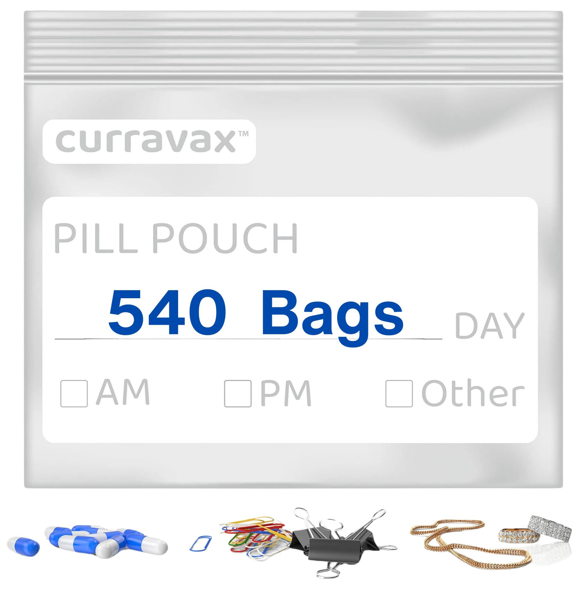 Pill Bags for Travel Pill Pouch Organizer Pack of 540 BPA Free 3 x 2.75 inch Pill Pouches for Medicine Reusable with Write on Label & Waterproof Zipper Seal AM PM Pill Baggies for Vitamins by CURRAVAX
