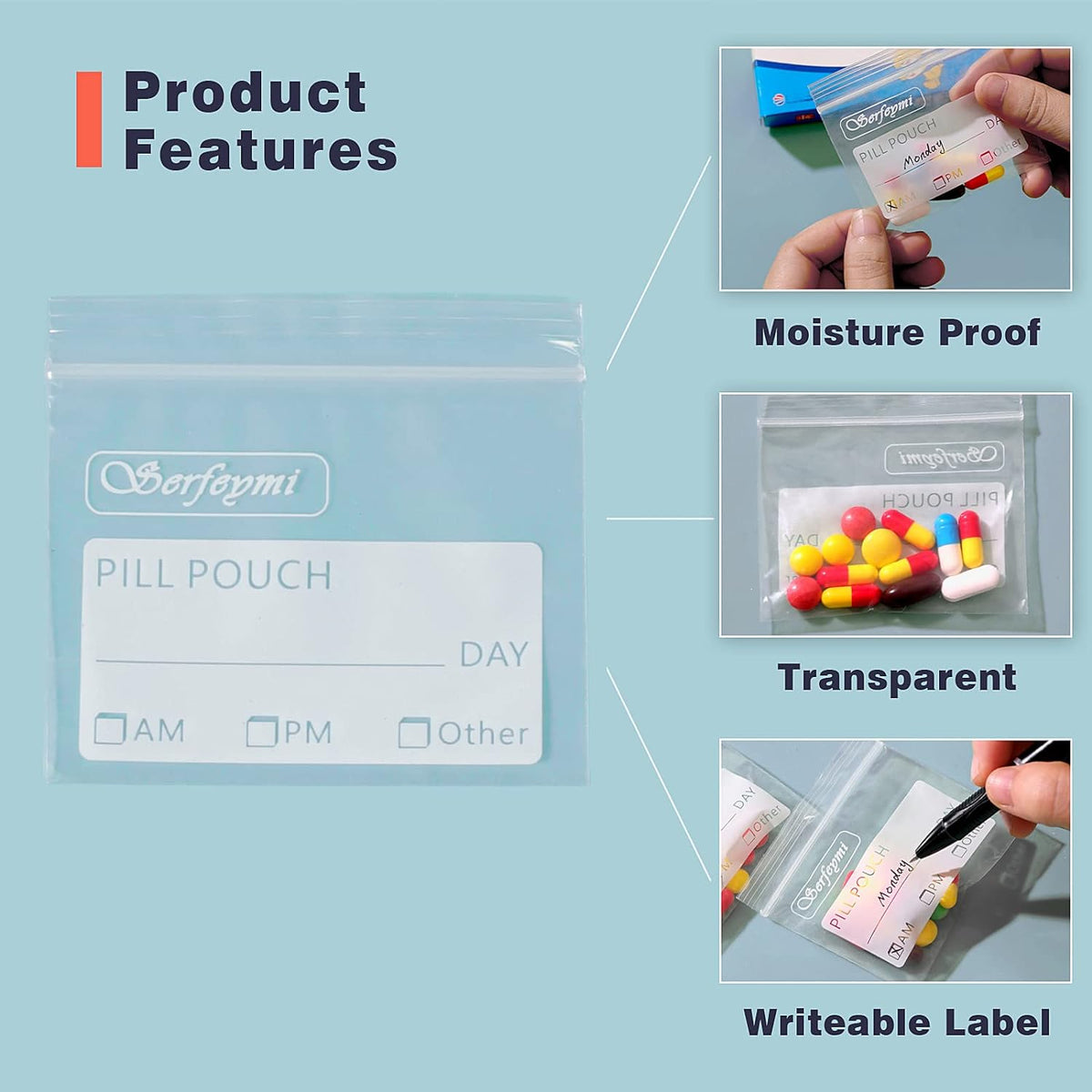 Serfeymi Pill Bags for Travel Pill Pouch Organizer Pack of 120, 3 x 2.75 in