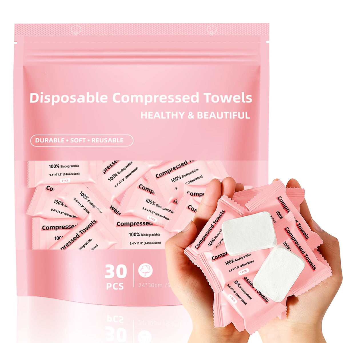 Compressed Towels, Large Size Disposable Face Compressed Towel, 30 PCS Ultra Soft Portable Washcloths Tablets Reusable for Travel, Camping, Hiking, Sport, Beauty, Home Hand Cloths, Outdoor