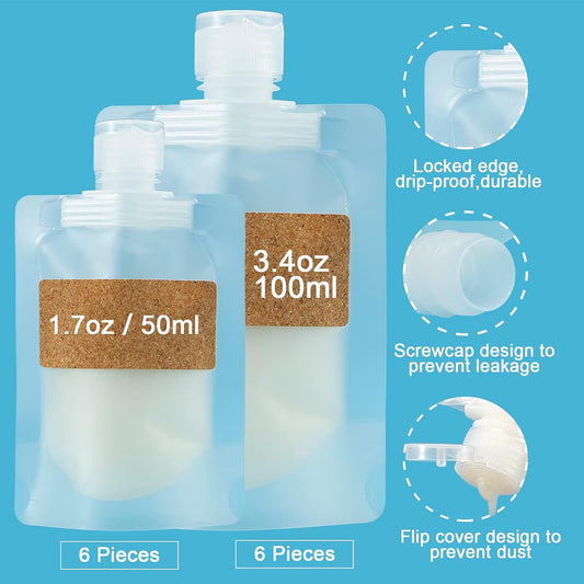 TailaiMei 12 Pieces Travel Pouches for Toiletries, TSA Approved Portable Travel Size, Refillable Stand Up Pouch for Shampoo/Conditioner/Lotion (1.7 &3.4 oz)
