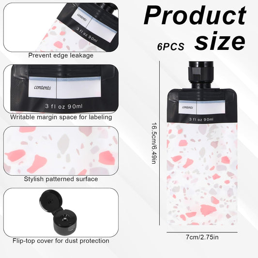 6Pcs 3 oz Empty Squeeze Pouches, Slim and Lightweight Refillable Travel Pouch with Blank Label Area for Toiletries Shampoo Conditioner Lotion Body Wash Leak Proof Empty Squeeze Pouches TSA Approved