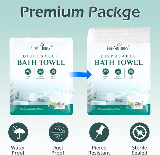 Disposable Bath Towels, Extra Large 57"x28", Ultra Thick, Soft Yet Durable, Individually Wrapped Travel Pack for Business Trip Workout Swimming Camping & Guest Towels (4 Towels in 1 Box)