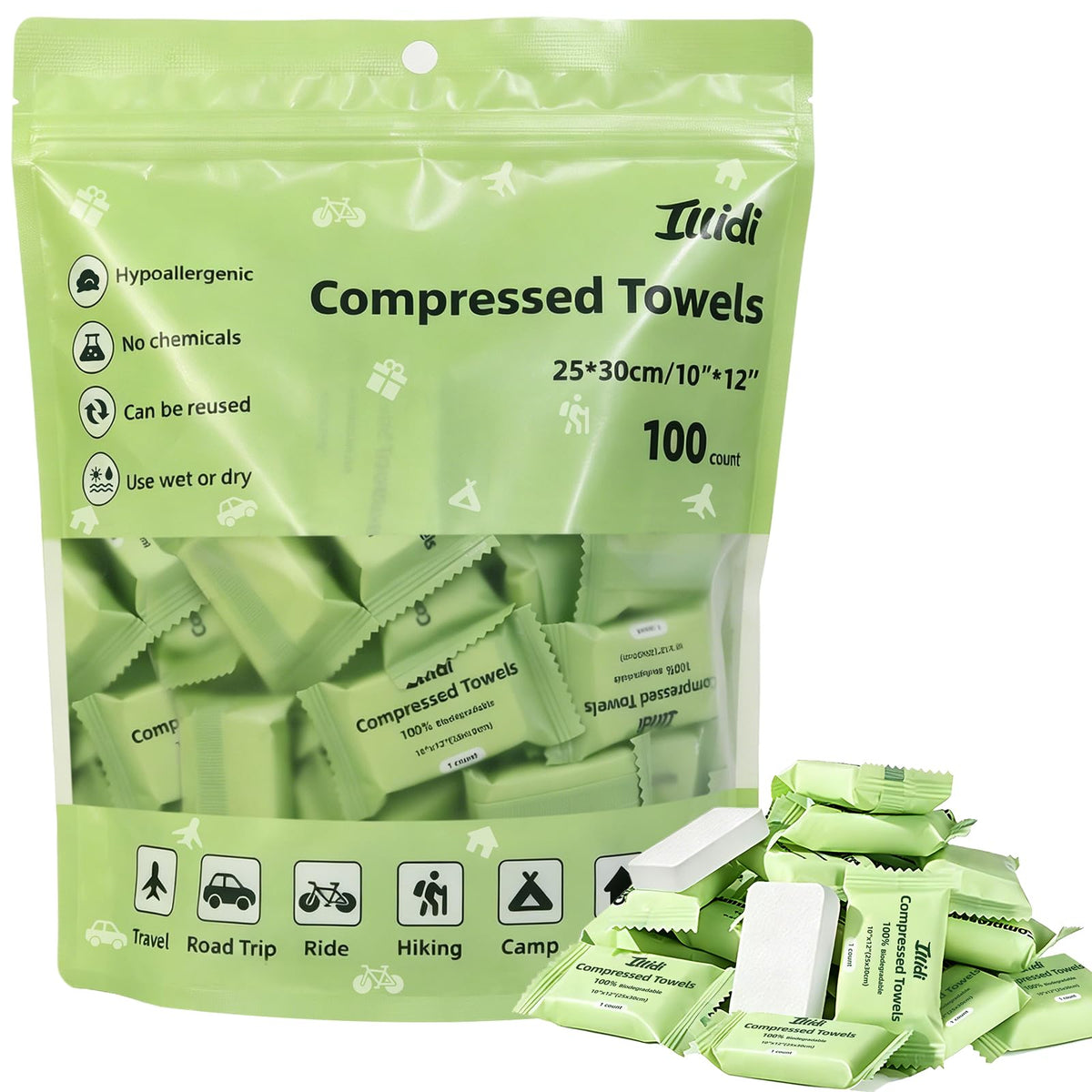 ILLIDI Compressed Towels, 30 Count Individually Wrapped Mini Tablets, Disposable Washcloths, Expands to 12 x 10 Inch Soft & Lint-Free,for Daily Use,Travel, Business Trips,Camping and Hiking