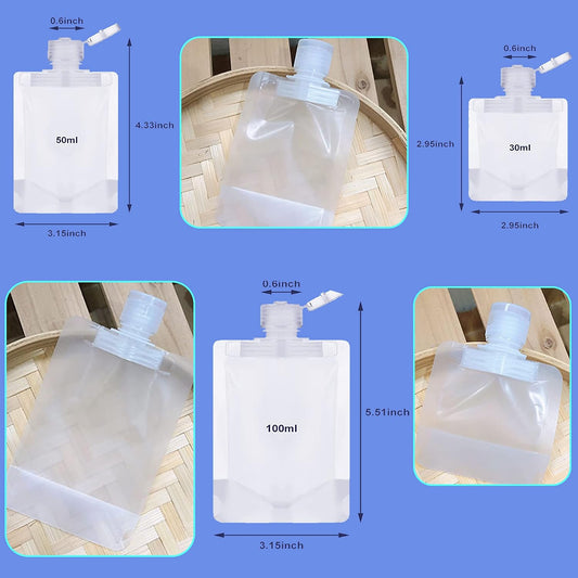 Portable Travel Fluid Makeup Packing Bag Transparent Clamshell Packaging Bag Plastic Stand Up Spout Pouch Refillable Empty Squeeze Pouch for Lotion/Shampoo/Face Cream/Hand Soap (10 Pcs) Gift Funnel