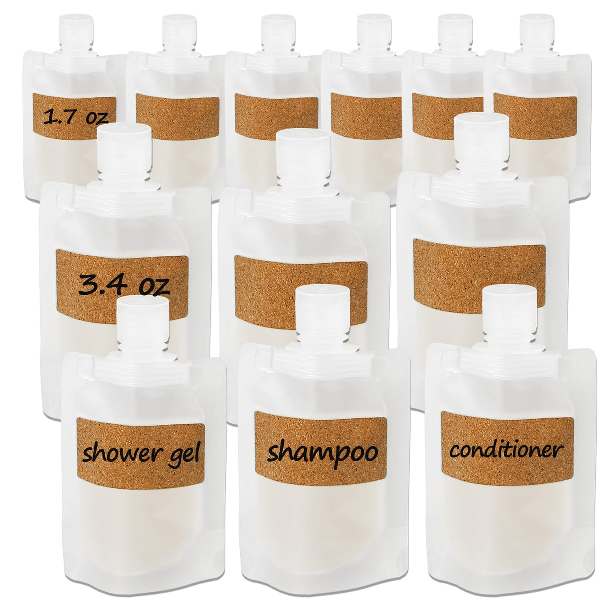 TailaiMei 12 Pieces Travel Pouches for Toiletries, TSA Approved Portable Travel Size, Refillable Stand Up Pouch for Shampoo/Conditioner/Lotion (1.7 &3.4 oz)