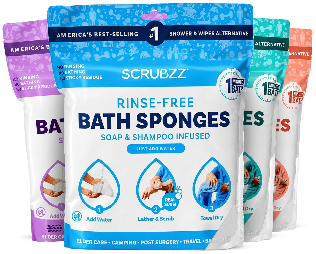 Scrubzz Disposable Rinse Free Bathing Wipes - 25 Pack - All-in-1 Single Use Shower Wipes, Simply Dampen, Lather, and Dry Without Shampoo or Rinsing