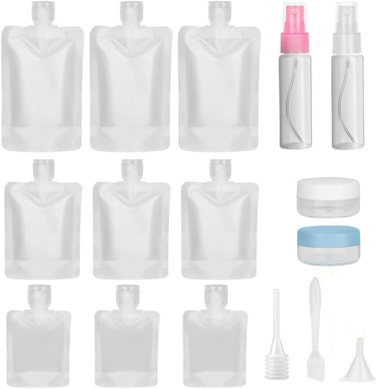 16 Piecemeal Refillable Travel Toiletry Pouches Suit,TSA Approved Travel Containers Stand Up Pouch, for Lotion Shampoo Face Cream Soap Liquids Containers