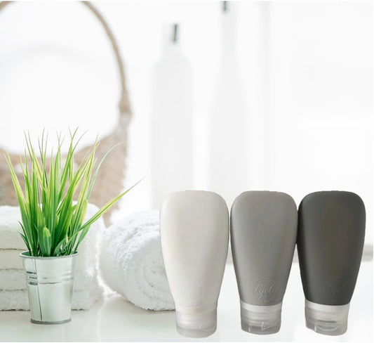 Travel Bottles for Toiletries, TSA Approved 3oz (90ml) Leak Proof Silicone Refillable Squeeze Travel Size Containers BPA Free for Cleansers, Lotions, Shampoo 3-pk (Black-Gray-White)