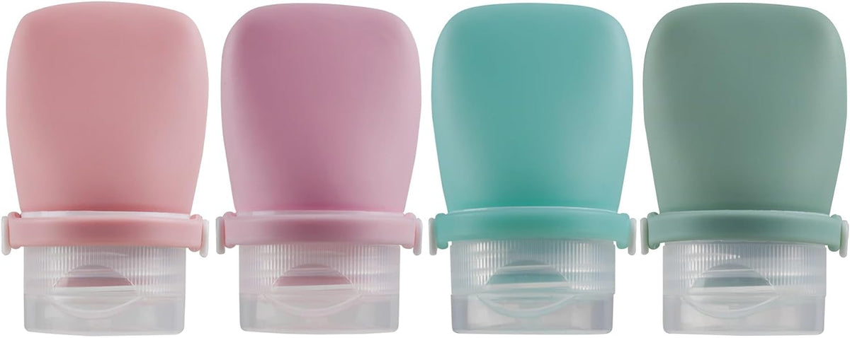 1oz Silicone Travel Bottles for Toiletries (4-Pack), TSA Approved Leakproof Toiletry Bottles with Locking Lid, Refillable Travel Size Containers for Shampoo, Body Wash, Camping & Trips (Green Pink)