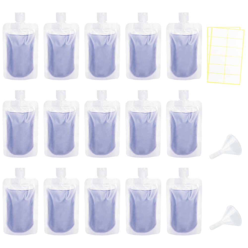 15 Pcs Travel Pouches for Toiletries, 3.4oz/100ml Leak Proof Squeeze Pouches, Refillable Stand Up Pouches with Labels, TSA Approved Travel Containers for Shampoo, Conditioner