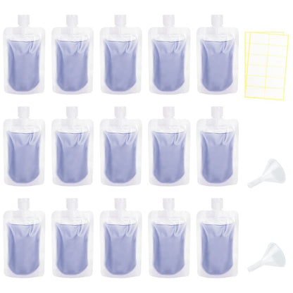 15 Pcs Travel Pouches for Toiletries, 3.4oz/100ml Leak Proof Squeeze Pouches, Refillable Stand Up Pouches with Labels, TSA Approved Travel Containers for Shampoo, Conditioner