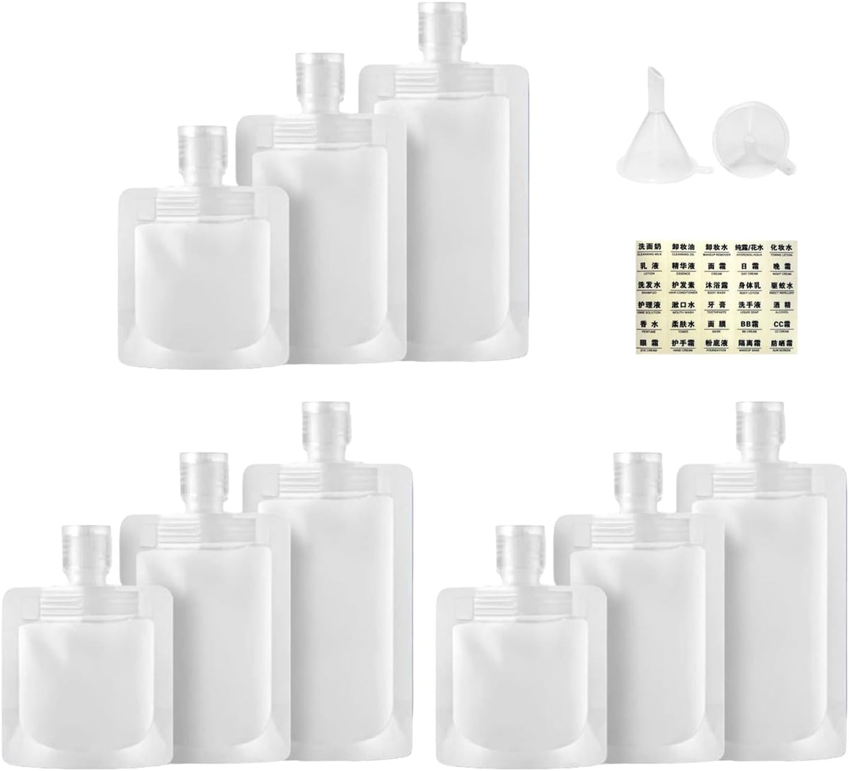 9Pcs 30/50/100ml Travel Size Toiletries with Small Funnel & Label