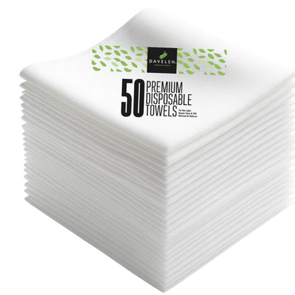 DAVELEN Disposable Large Luxury Towels (50-Count) Spa and Salon Quality Softness for Guests, Clients | Hair, Face, Body Use | Luxurious Comfort, Ecofriendly (050, 32x16 inches)