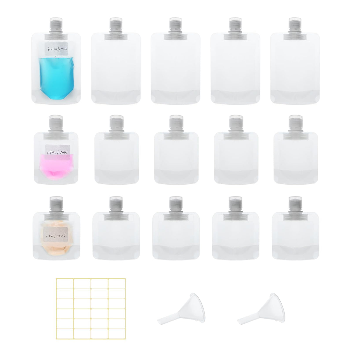 15 Pcs Travel Pouches for Toiletries, 3.4oz/100ml Leak Proof Squeeze Pouches, Refillable Stand Up Pouches with Labels, TSA Approved Travel Containers for Shampoo, Conditioner