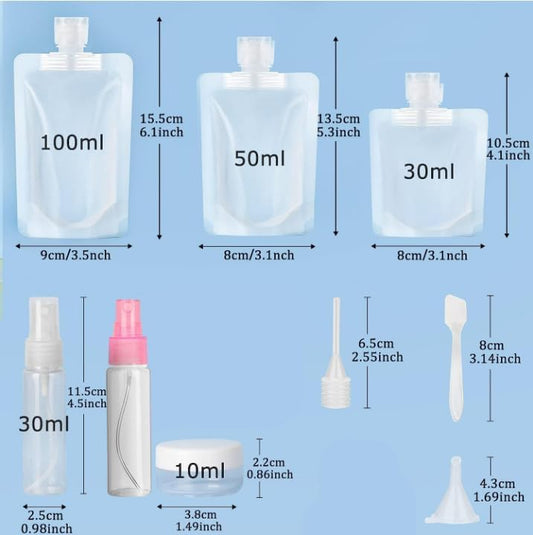 16 Piecemeal Refillable Travel Toiletry Pouches Suit,TSA Approved Travel Containers Stand Up Pouch, for Lotion Shampoo Face Cream Soap Liquids Containers