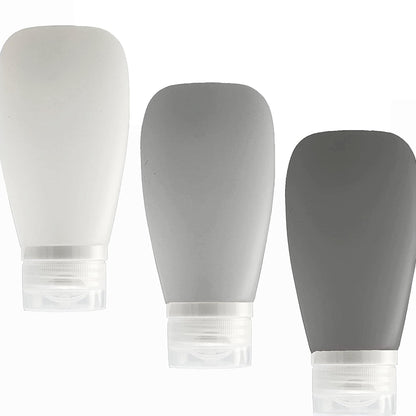 Travel Bottles for Toiletries, TSA Approved 3oz (90ml) Leak Proof Silicone Refillable Squeeze Travel Size Containers BPA Free for Cleansers, Lotions, Shampoo 3-pk (Black-Gray-White)
