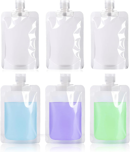6 Pack Travel Pouches for Toiletries, 100ml/3.51fl oz Fluid Makeup Packing Bag Squeezable Refillable Clear Leakproof PET Plastic Squeeze Pouch Bottle (6)