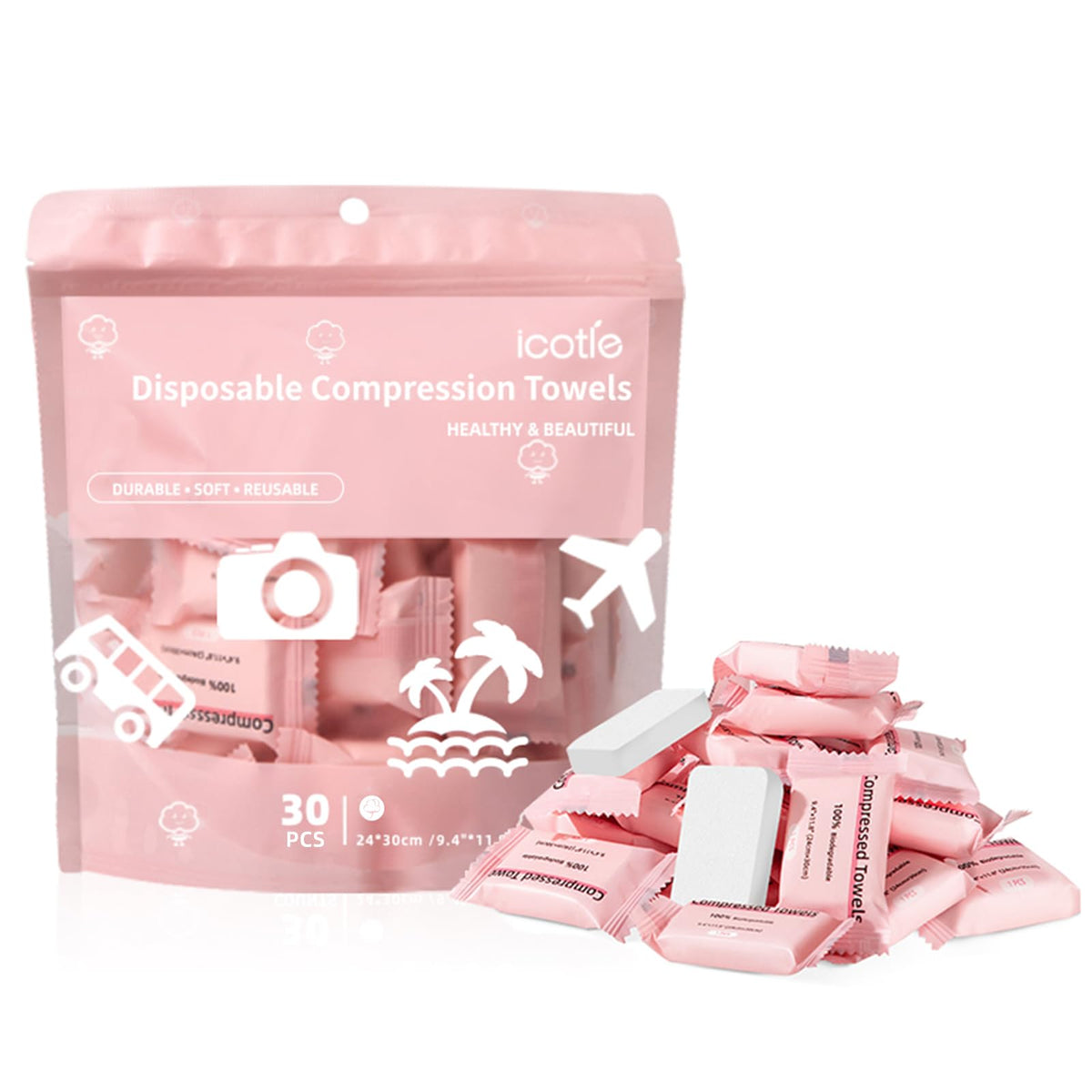 ICOTLE Compressed Towel, Disposable Face Towel, 11.8 x 9.4 Inch, 30 Count