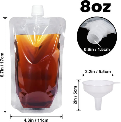 Keon Plastic Pouches - Leak-Proof, Reusable, Flexible Juice Bags, BPA-Free for Travel, Outdoor Sports, Concerts, Events (8OZ - 10PCS + 2 Funnels)