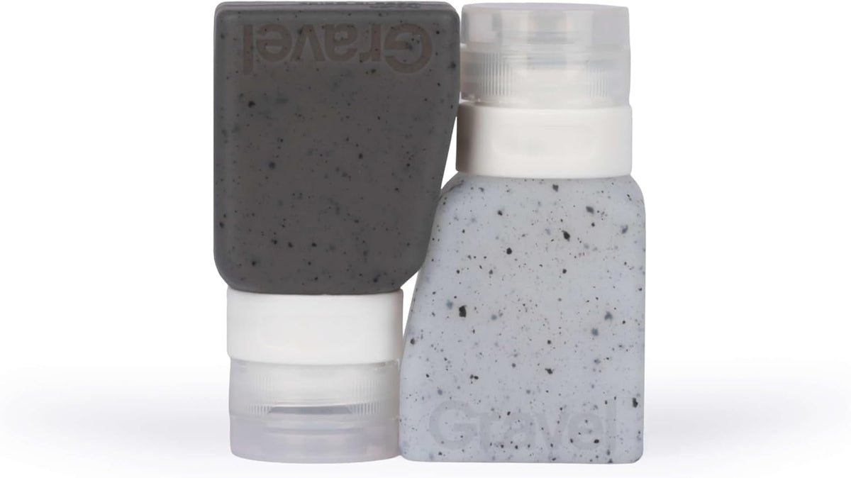 Gravel Silicone Travel Bottles for Toiletries 3oz (2-Pack) – Leakproof, BPA-Free, TSA Approved Travel Bottles with Label System for Shampoo, Conditioner, and Liquid Toiletries (Clear & Gray)