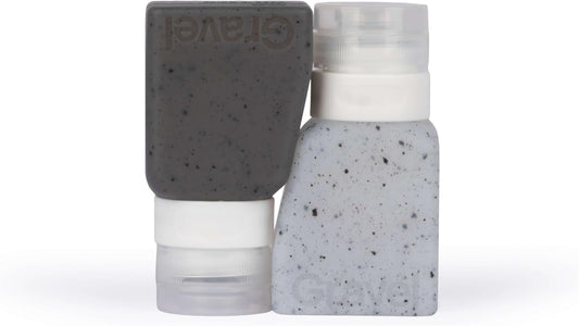 Gravel Silicone Travel Bottles for Toiletries 3oz (2-Pack) – Leakproof, BPA-Free, TSA Approved Travel Bottles with Label System for Shampoo, Conditioner, and Liquid Toiletries (Clear & Gray)