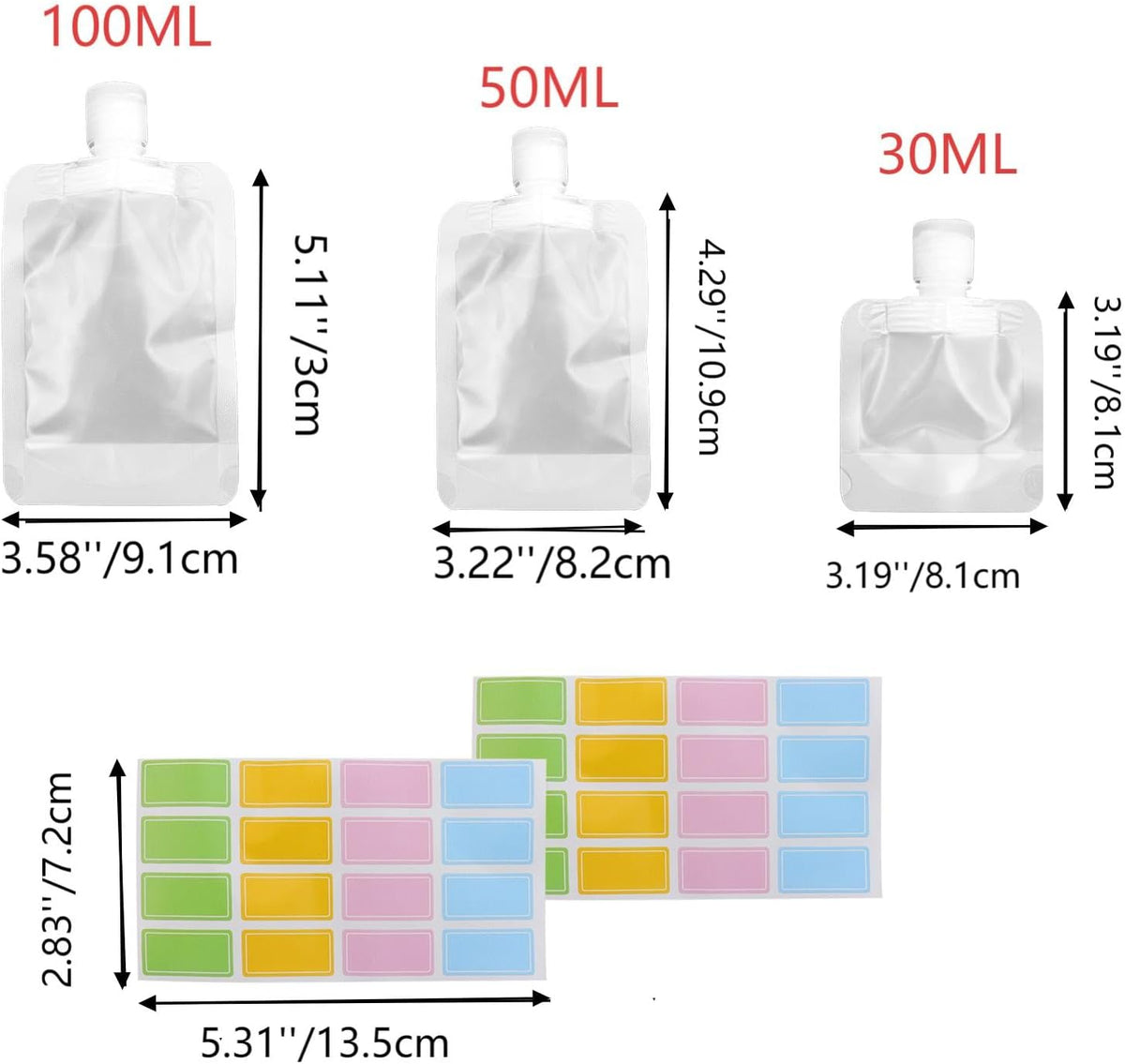 15 Pcs Leak Proof Empty Squeeze Pouches, 1 oz, 1.7 oz and 3.5 oz