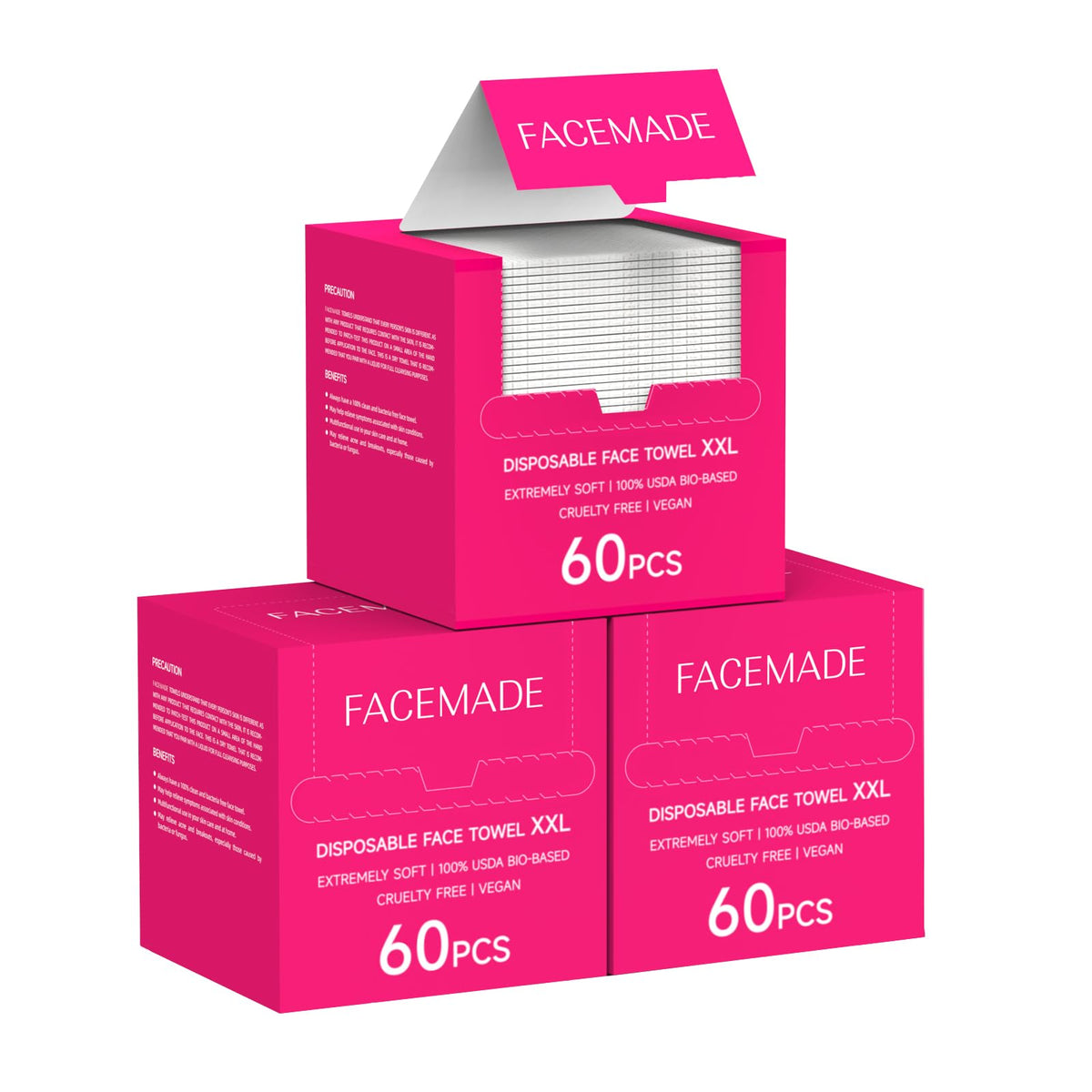 FACEMADE XXL Disposable Face Towels, 12" x 12", Soft & Thick, 60 Count