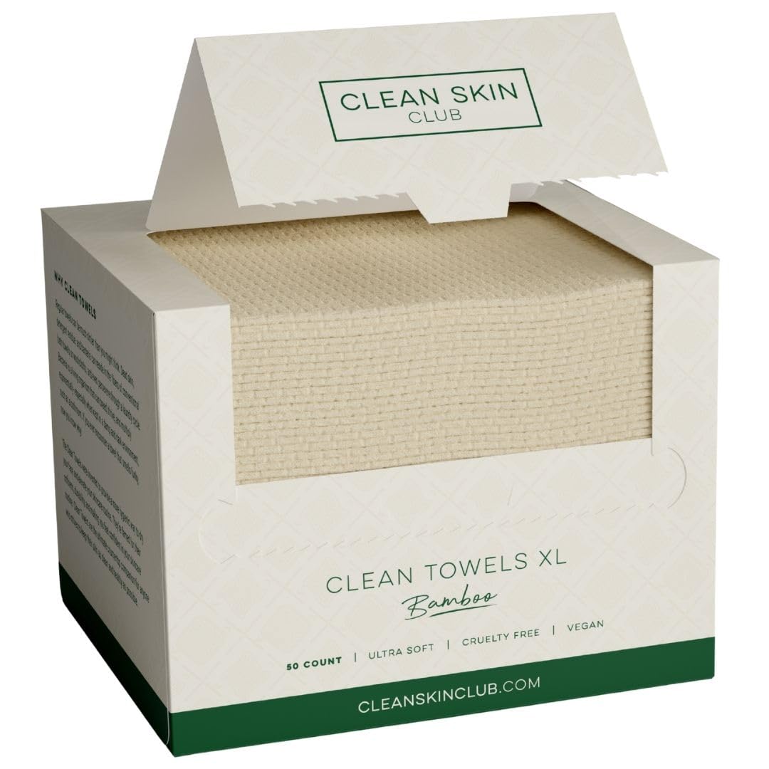 Clean Skin Club Bamboo Viscose Clean Towels® XL 100% USDA Biobased Face Towel, Disposable Face Towelette, Makeup Remover Dry Wipes, Ultra Soft, 50 Ct, 1 Pack
