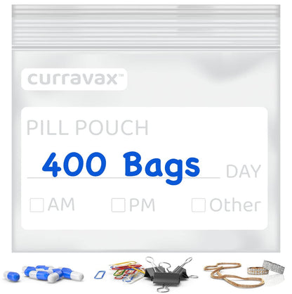 Pill Bags for Travel Pill Pouch Organizer Pack of 540 BPA Free 3 x 2.75 inch Pill Pouches for Medicine Reusable with Write on Label & Waterproof Zipper Seal AM PM Pill Baggies for Vitamins by CURRAVAX