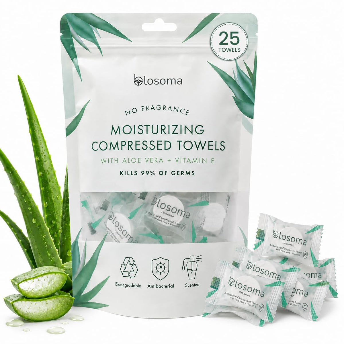 Eucalyptus & Mint Compressed Towels for Travel & Camping – Antibacterial Instant Expandable Face Towels, Biodegradable Disposable Cotton, Pack of 25