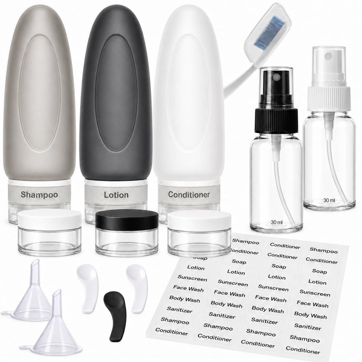 Travel Pouches for Toiletries, 13 Pack TSA Approved Refillable Travel Liquid Pouches, Flat Travel Bottles for Toiletries, Reusable 3oz Portable Containers with Funnel, Labels & Clear Carry On Bag