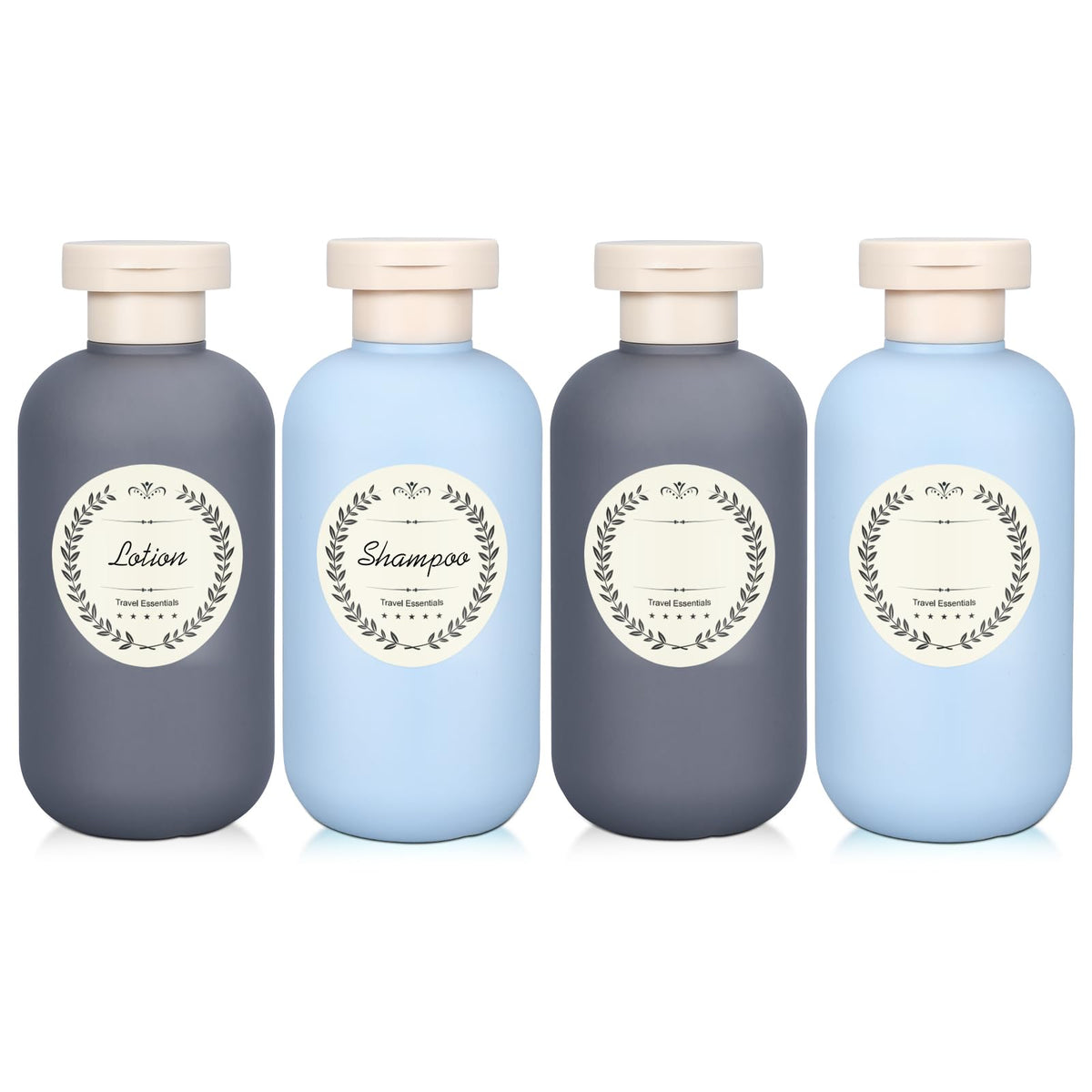 METAPACK 4Pack 6.8oz Travel Shampoo Bottles with Labels, Refillable Travel Bottles, Flip Top Squeeze Bottles, Portable Plastic Toiletry Containers for Lotion, Conditioner & Body Wash(blue, green)