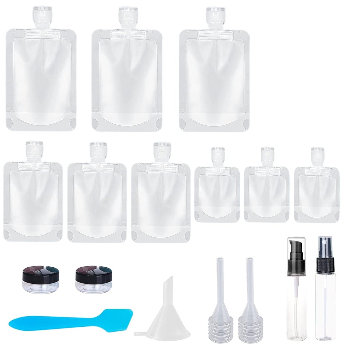 SEQUHITKU 17 Pack Travel Pouches for Toiletries,TSA Approved,Portable Containers,Stand Up Pouch,Refillable Travel Accessories for Shampoo Conditioner Lotion Soap Liquids (A-17pcs)