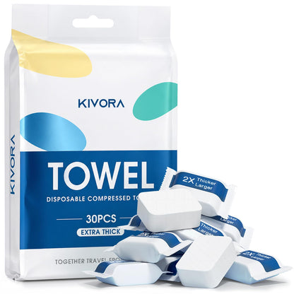 KIVORA Extra Thick Compressed Towels, Ultra Soft, 30 Pack for Travel