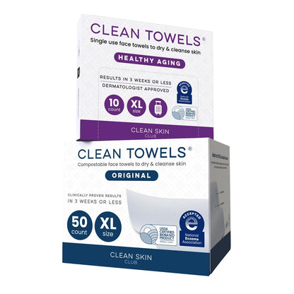Clean Skin Club Clean Towels XL®, 100% USDA Biobased Face Towel, Disposable Face Towelette, Eczema Association Accepted, Makeup Remover Dry Wipes, Ultra Soft, 50 ct per pack, 2 Packs, 100 Ct Total