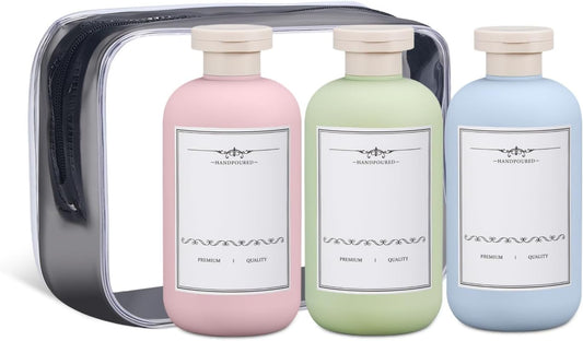 ASEVAT 3 Pack Travel Squeeze Bottles, 6.7oz (200ml) Leak Proof Refillable Plastic Toiletry Containers for Shampoo, Lotion, Body Wash, for Checked Luggage, with Clear Toiletry Pouch, Blue Pink Green