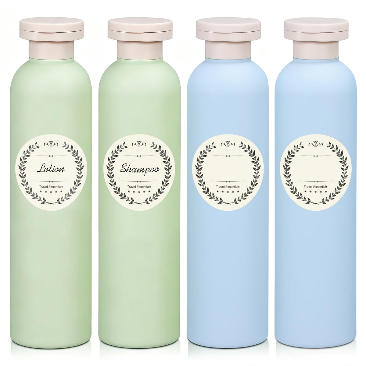 METAPACK 4Pack 6.8oz Travel Shampoo Bottles with Labels, Refillable Travel Bottles, Flip Top Squeeze Bottles, Portable Plastic Toiletry Containers for Lotion, Conditioner & Body Wash(blue, green)