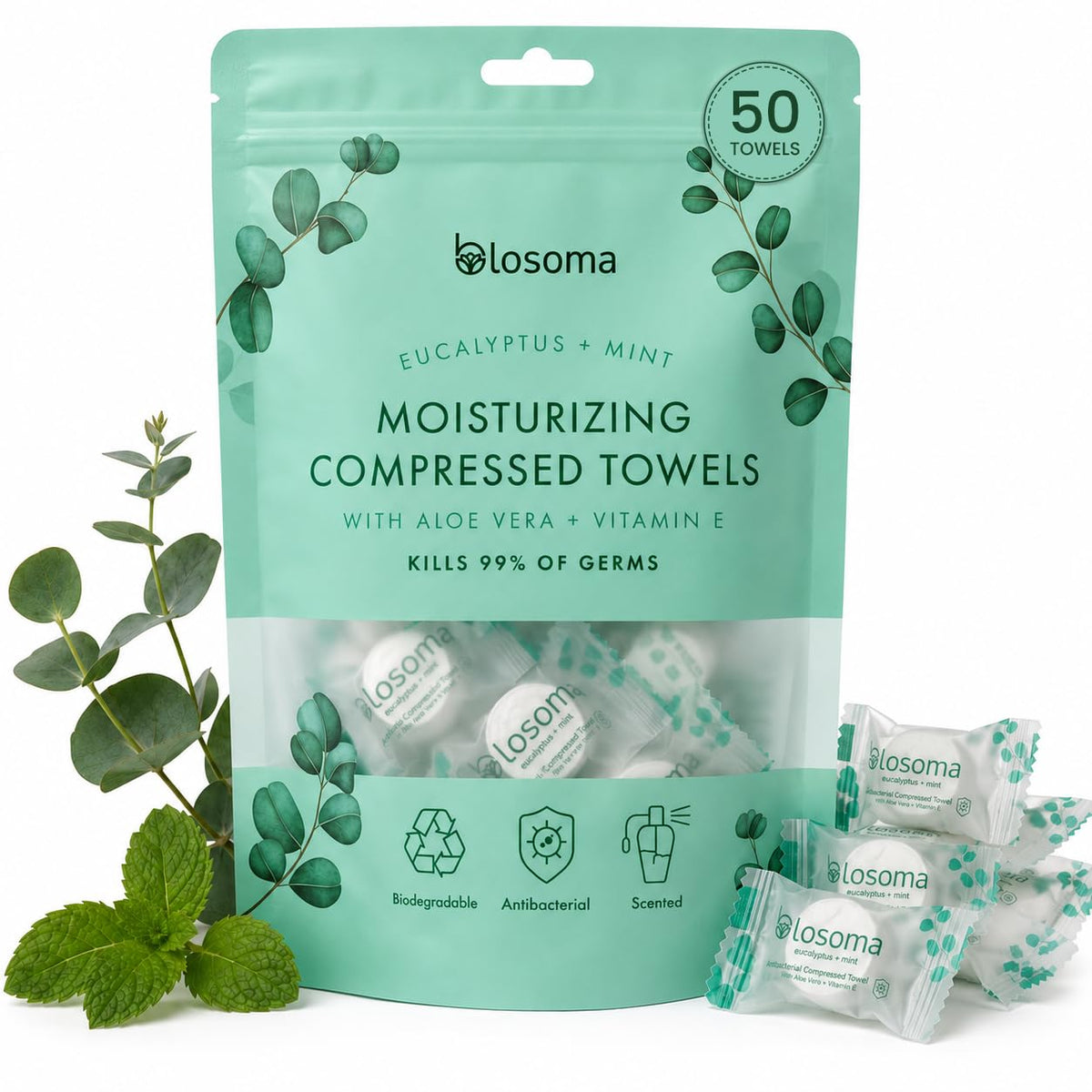 Eucalyptus & Mint Compressed Towels for Travel & Camping – Antibacterial Instant Expandable Face Towels, Biodegradable Disposable Cotton, Pack of 25