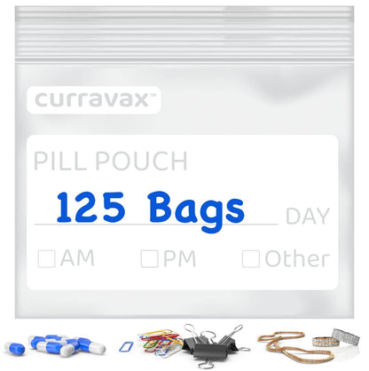 Pill Bags for Travel Pill Pouch Organizer Pack of 540 BPA Free 3 x 2.75 inch Pill Pouches for Medicine Reusable with Write on Label & Waterproof Zipper Seal AM PM Pill Baggies for Vitamins by CURRAVAX
