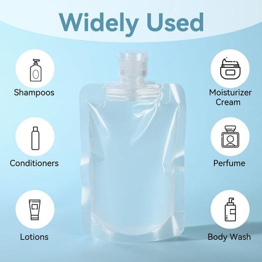 6 Pack Travel Pouches for Toiletries, 100ml/3.51fl oz Fluid Makeup Packing Bag Squeezable Refillable Clear Leakproof PET Plastic Squeeze Pouch Bottle (6)