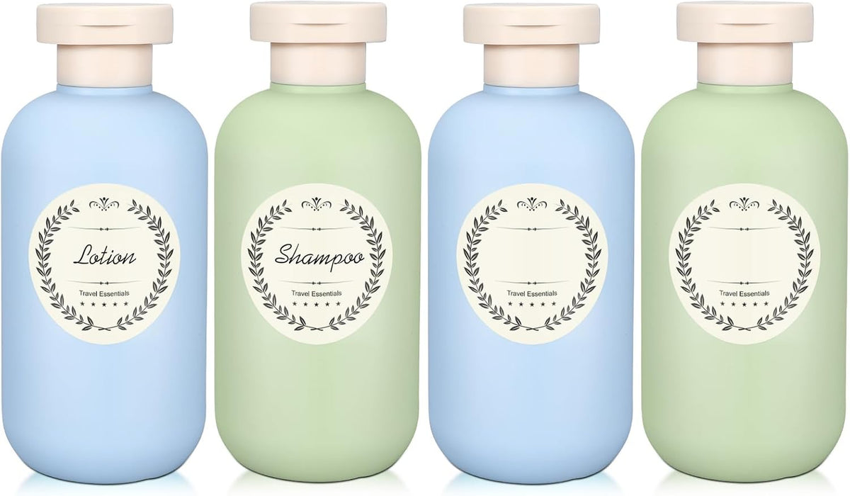 METAPACK 4Pack 6.8oz Travel Shampoo Bottles with Labels, Refillable Travel Bottles, Flip Top Squeeze Bottles, Portable Plastic Toiletry Containers for Lotion, Conditioner & Body Wash(blue, green)