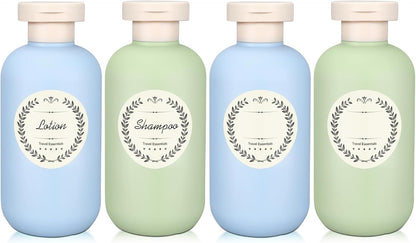METAPACK 4Pack 6.8oz Travel Shampoo Bottles with Labels, Refillable Travel Bottles, Flip Top Squeeze Bottles, Portable Plastic Toiletry Containers for Lotion, Conditioner & Body Wash(blue, green)